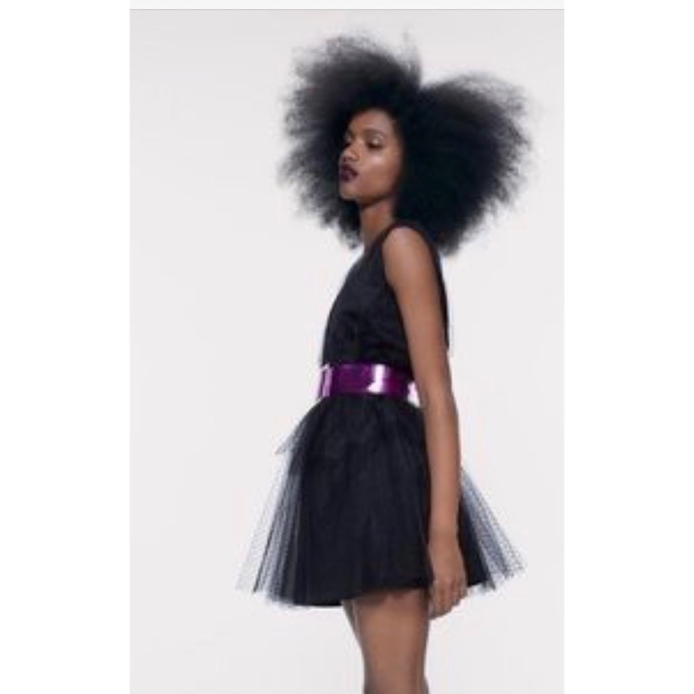 ZARA BLACK POLKA DOT TULLE LAYERED DRESS W/HOT PINK BELT SIZE MED